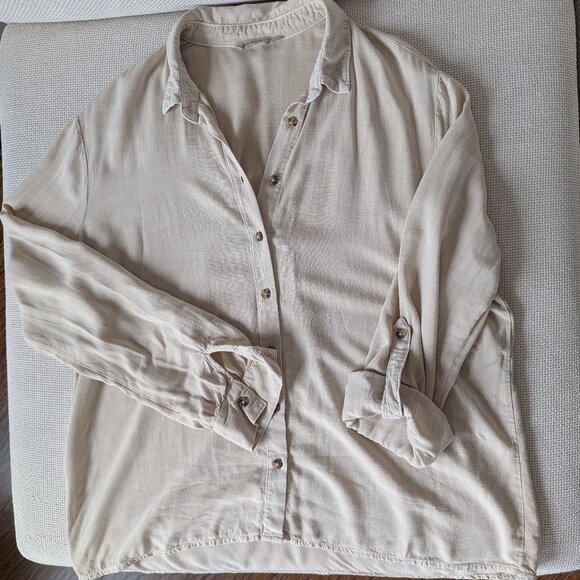 Stradivarius, Linen-like Oatmeal-beige Roll-up Sleeve Blouse, Size L - Picture 7 of 13
